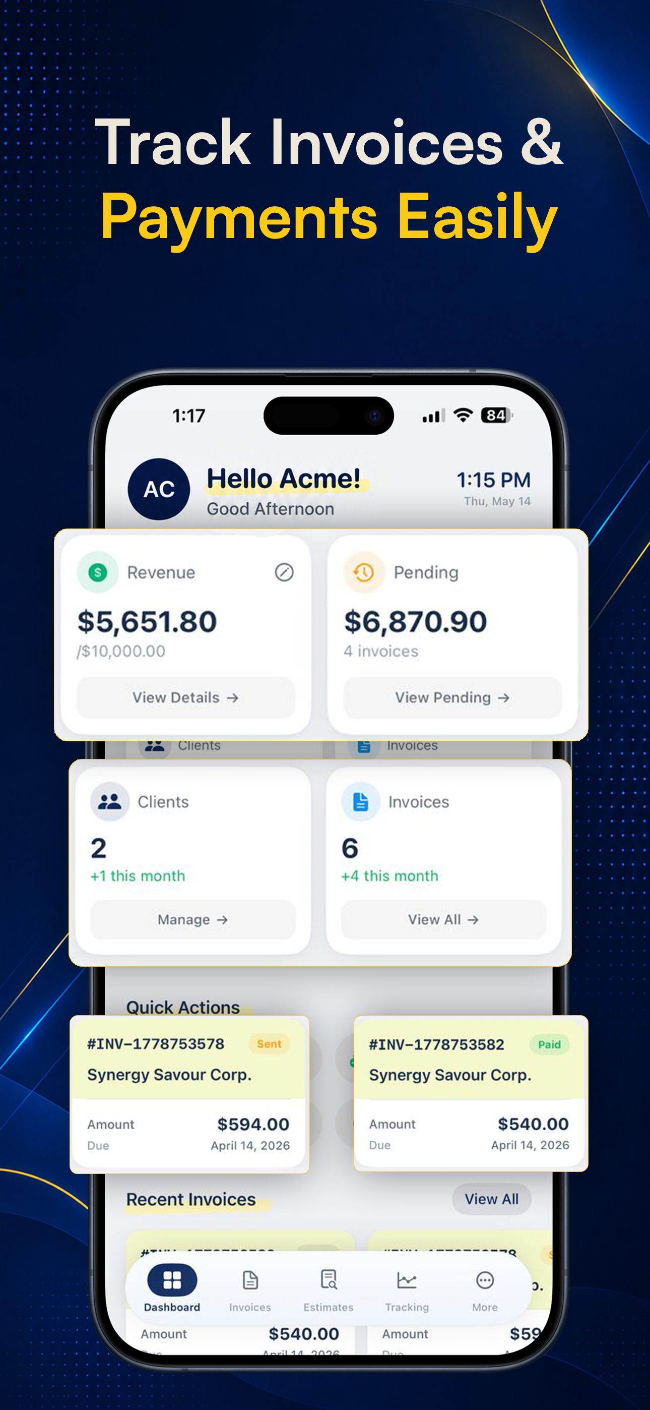Track invoices and payments easily on the dashboard