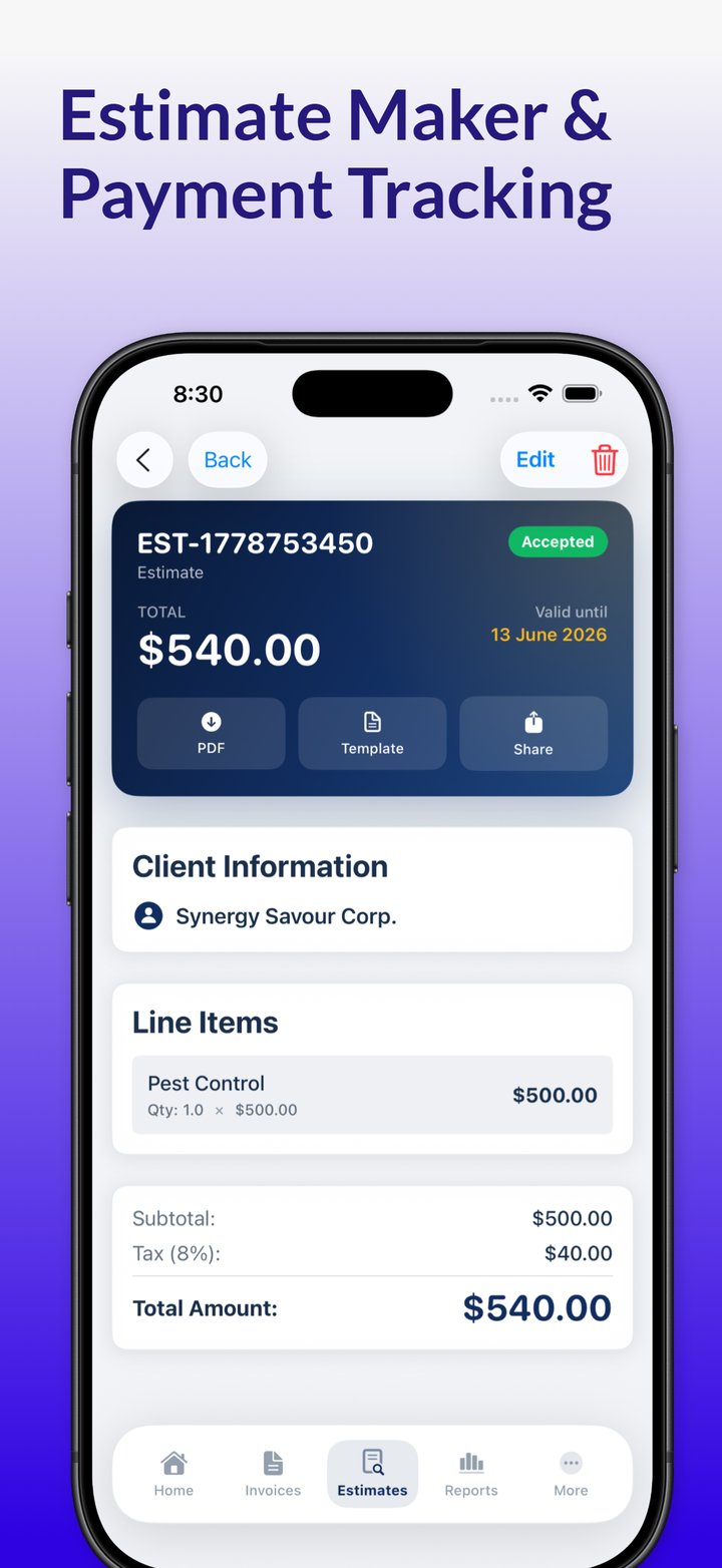 Estimate maker showing an accepted estimate with line items, tax and total