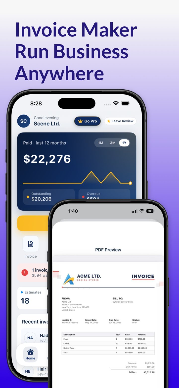 Invoicious invoice maker app home screen with paid totals and an invoice PDF preview