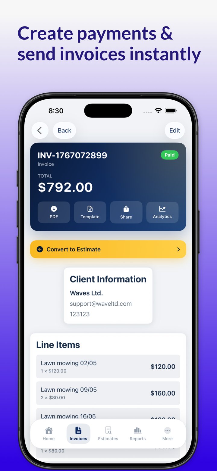 Invoice details with PDF, template and share buttons to send an invoice instantly